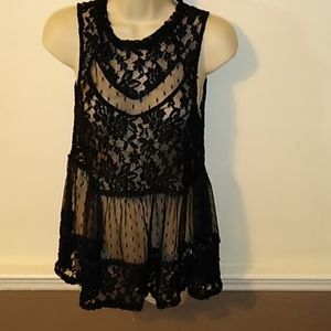Black lace polkadot sleeveless blouse peplum loose